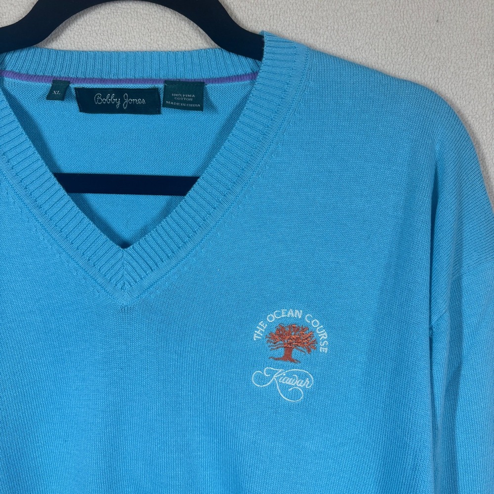 Bobby Jones Mens Pima Cotton V-Neck Sweater XL Blue Kiawah Island Ocean Course